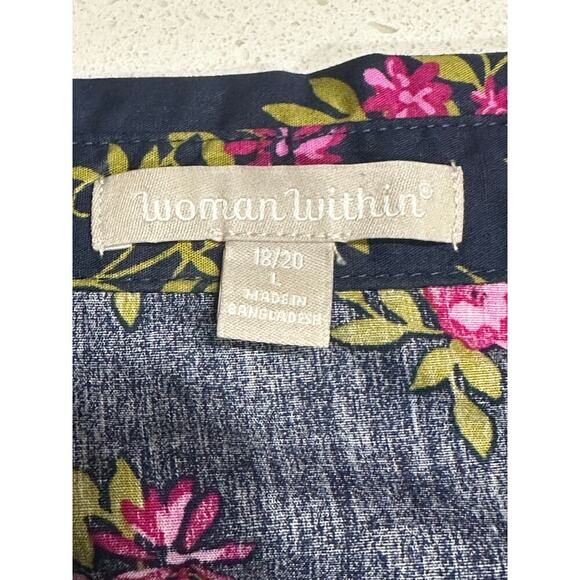Woman Within Button Up Top L 18/20 Blue Floral 3/4 Sleeves Cotton Mature Casual - Picture 4 of 7